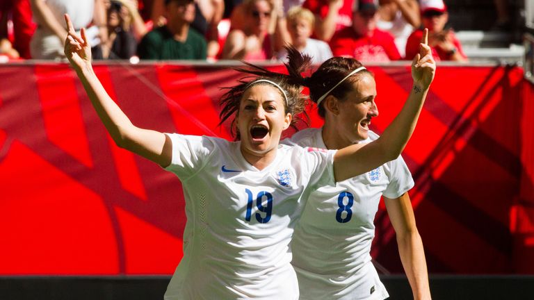 England's Jodie Taylor celebrates opener with Jill Scott