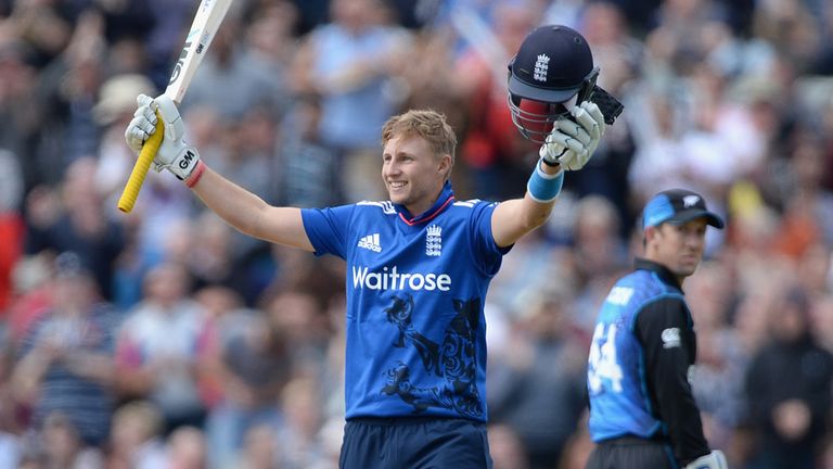 Joe Root of England celebrates reaching his centruy during the 1st ODI against New Zealand