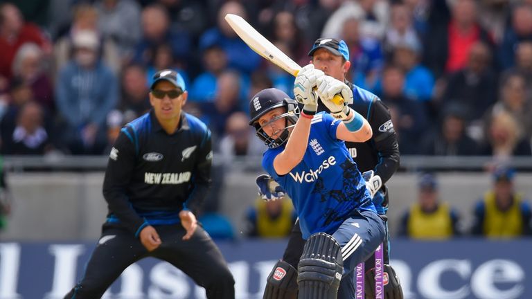 England batsman Joe Root drives a ball to the boundary during the 1st Royal London One Day international between England and New Zealand