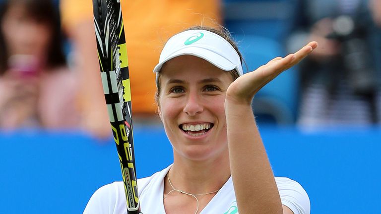 Johanna Konta celebrates victory over Russia's Ekaterina Makarova during day four of the AEGON International at Devonshire Park, Eastbourne