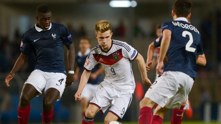 Johannes Eggestein of Germany U17 challenges Dayot Upamecano of France U17 during the UEFA European Under-17 Championship Final in Bulgaria in May 2015