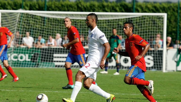 John Bostock of England and Thiago Alcantara of Spain  in action  during the England v Spain UEFA U19 European Championship  semi-final in 2010