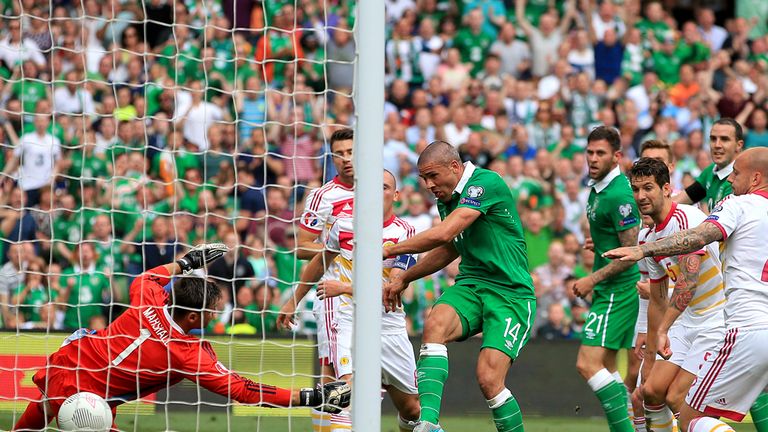 Republic of Ireland's Jonathan Walters scores his side's first goal during the UEFA European Championship Qualifying match at the Aviva Stadium, Dublin.