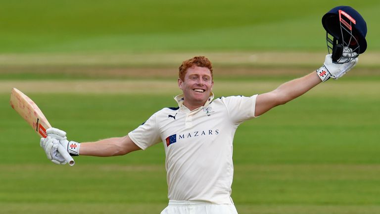 Yorkshire batsman Jonny Bairstow celebrates reaching his 200 during day two against Durham