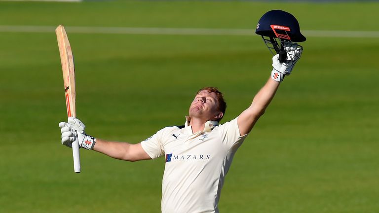Yorkshire batsman Jonny Bairstow celebrates after reaching his century 
