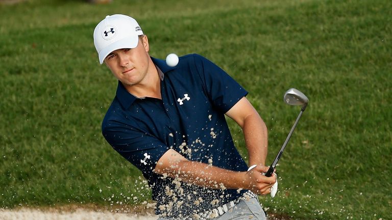 Jordan Spieth plays a bunker shot on the 15th hole during the AT&T Byron Nelson at the TPC Four Seasons Resort.