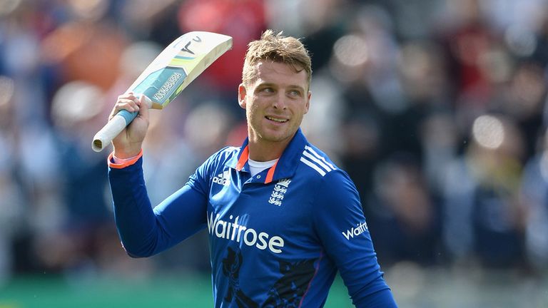 Jos Buttler of England leaves the field after being dismissed for 129 runs during the 1st ODI