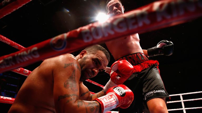 AUCKLAND, NEW ZEALAND - MARCH 05: Joseph Parker (R) knocks down Jason Pettaway to win the fight at the Vodafone Events Centre in Manukau on March 5, 2015 i