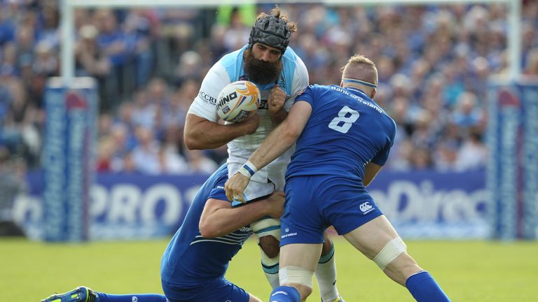 DUBLIN, IRELAND - MAY 31:  Josh Strauss of Glasgow and Devin Toner and Jamie Heaslip of Leinster in action during the RaboDirect Pro 12 match between Leins