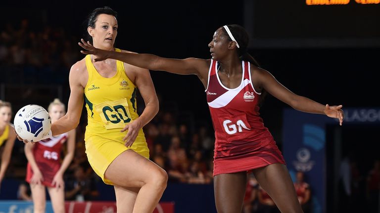 Australia's Bianca Chatfield (L) vies with England's Kadeen Corbin