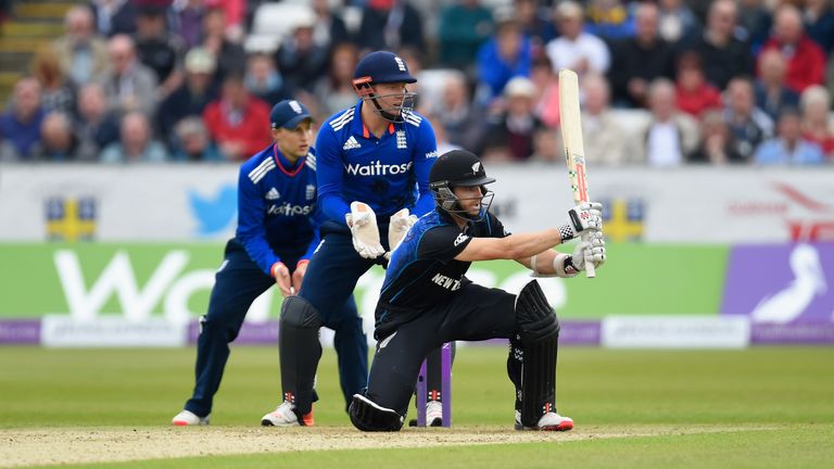 New Zealand batsman Kane Williamson sweeps a ball towards the boundary 