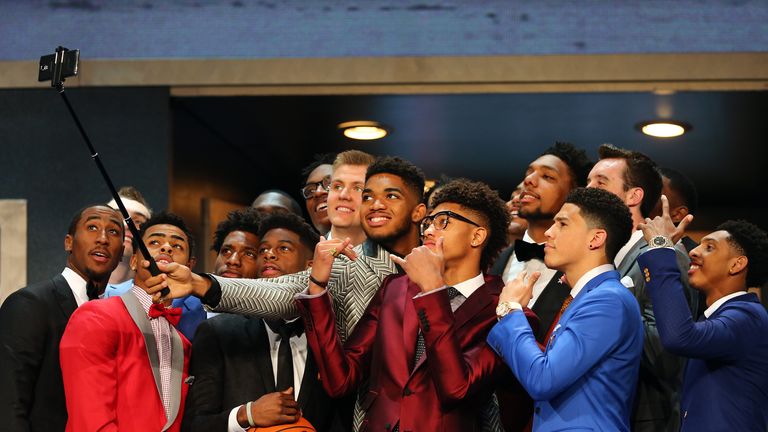 NEW YORK, NY - JUNE 25: Karl-Anthony Towns holds a selfie stick