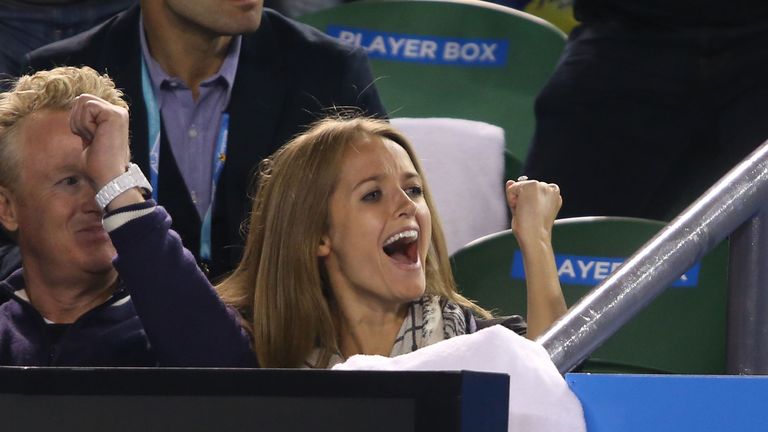 MELBOURNE, AUSTRALIA - JANUARY 29:  Girlfriend of Andy Murray, Kim Sears celebrates as Andy Murray of Great Britain wins his semifinal match against Tomas 