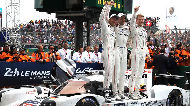 Nick Tandy, Earl Bamber and Nico Hulkenberg celebrate their Le Mans victory