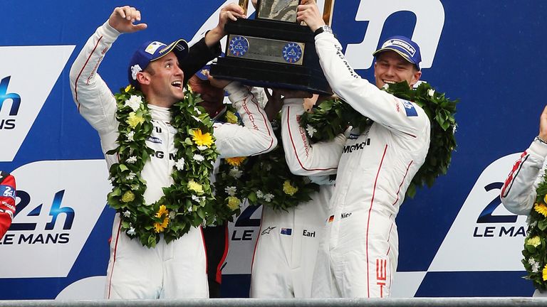 The Porsche Team of Nick Tandy, Earl Bamber and Nico Hulkenburg celebrate their success