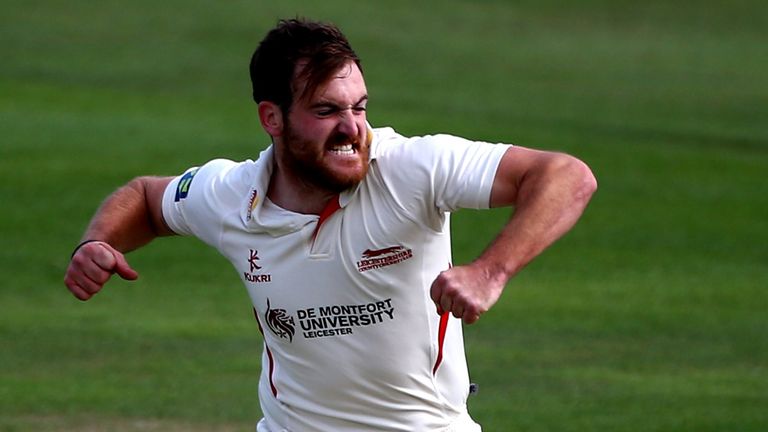 Leicestershire's Benjamin Raine celebrates after taking the wicket of Graham Napier of Essex