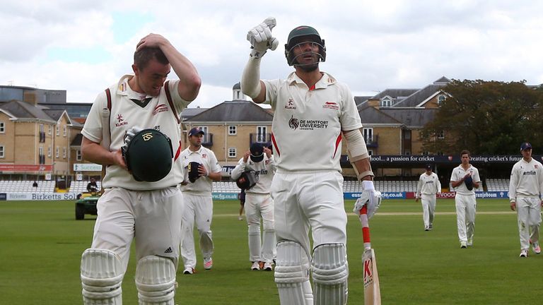 Lewis Hill (left) and Andrea Agathangelou of Leicestershire celebrate the team's victory