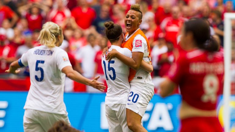 Lianne Sanderson and her England team-mates celebrates a historic victory