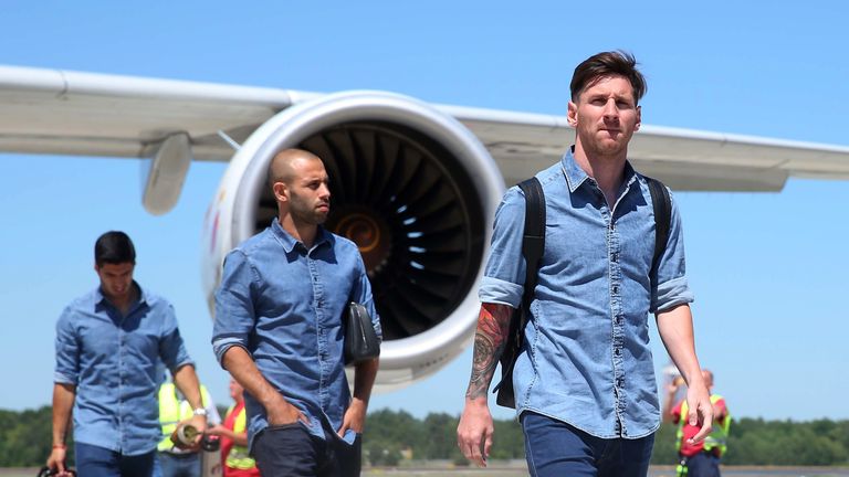Lionel Messi, Javier Mascherano and Luis Suarez of Barcelona arrive on the eve of the Champions League Final 