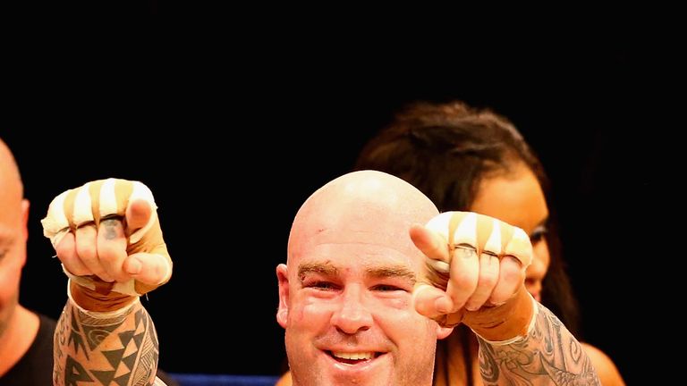 MELBOURNE, AUSTRALIA - APRIL 28:  Lucas Browne of Australia celebrates after he defeated James Toney of the USA in the WBC Super Heavyweight bout between L