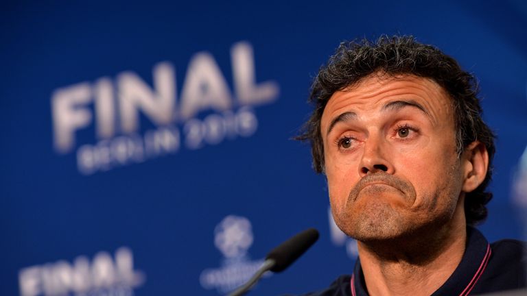 Luis Enrique manager of Barcelona talks during a press conference on the eve of the UEFA Champions League final