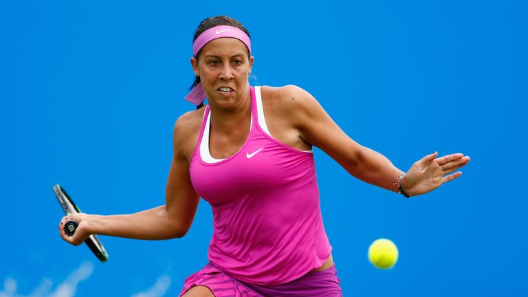 EASTBOURNE, ENGLAND - JUNE 23:  Madison Keys of USA in action against Belinda Bencic of Switzerland during the Aegon International day three at Devonshire 