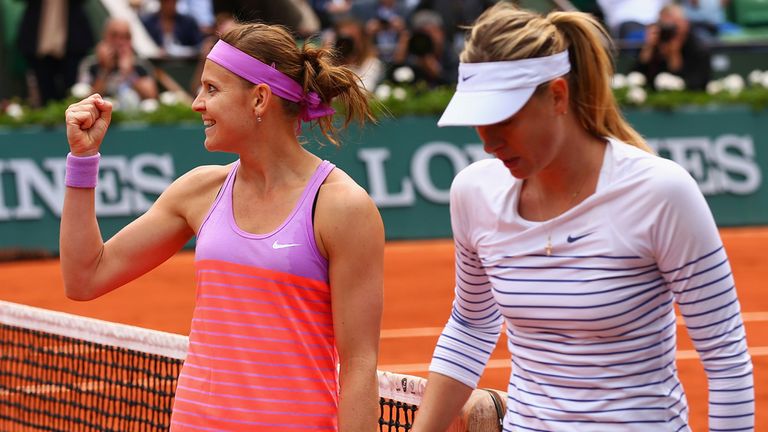 Lucie Safarova of Czech Repbulic celebrates victory in her women's singles match against Maria Sharapova 