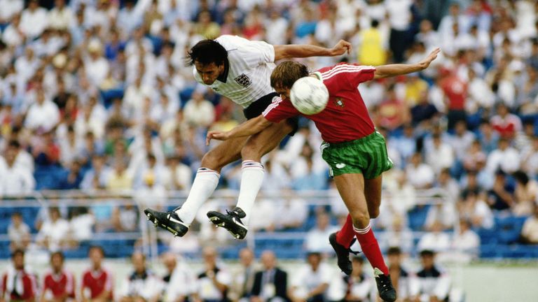 Mark Hateley of England and Antonio Sousa of Portugal in action during their Group F game of the FIFA World Cup on 3 June 1986