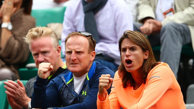PARIS, FRANCE - MAY 28:  Andy Murray of Great Britain's coach Amelie Mauresmo, trainer Matt Little and physio Mark Bender support him during his Men's Sing