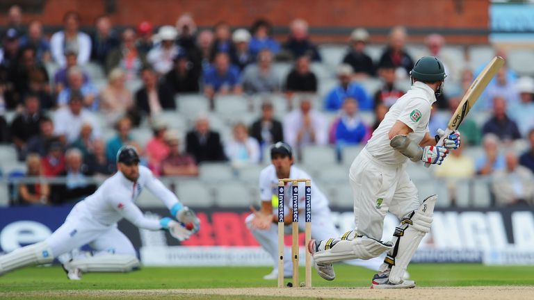 MANCHESTER, ENGLAND - AUGUST 04: Wicketkeeper Matt Prior of England takes the catch to dismiss Chris Rogers of Australia off the bowling of Stuart Broad of
