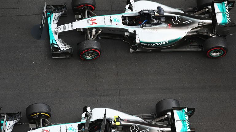 The two Mercedes W06 cars