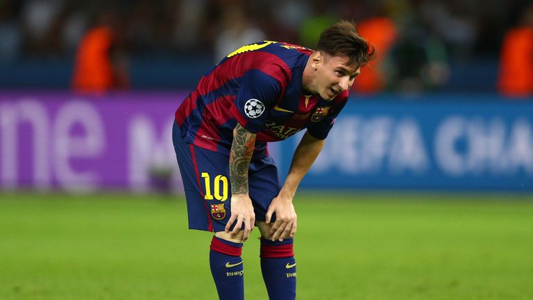 Lionel Messi of Barcelona reacts to Juventus' equaliser during the UEFA Champions League Final between