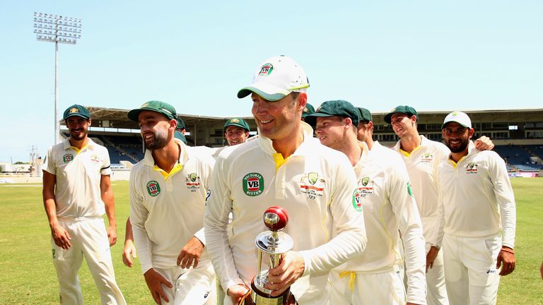 Michael Clarke of Australia celebrates with the Frank Worrell Trophy 