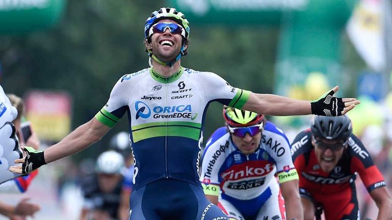 Michael Matthews celebrates his win over Peter Sagan on stage four of the Tour de Suisse