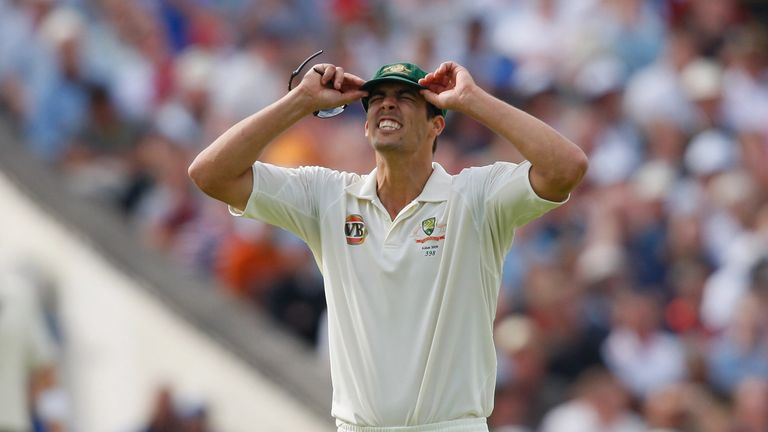 BIRMINGHAM, ENGLAND - AUGUST 02:  Australian bowler Mitchell Johnson grimaces during day four of the npower 3rd Ashes Test Match between England and Austra