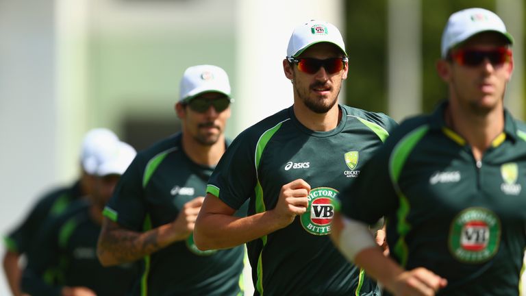 Mitchell Starc of Australia warms up during an Australian nets session at Windsor Park 