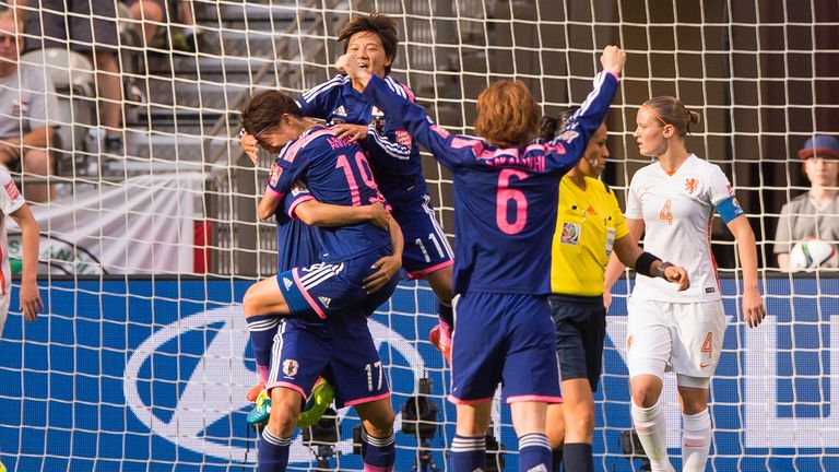 VANCOUVER, BC - JUNE 23: Saori Ariyoshi #19 of Japan celebrates with Yuki Ogimi #17, Shinobu Ohno #11 and Mizuho Sakaguchi #6 after scoring against the Net