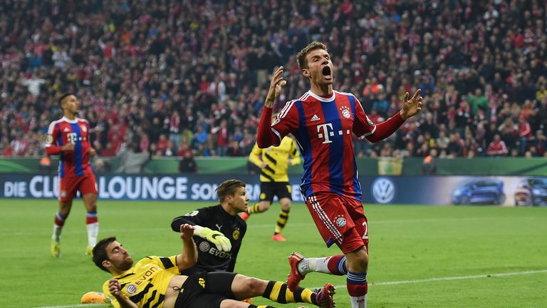 Bayern Munich's Thomas Muller shows his frustration against Borussia Dortmund