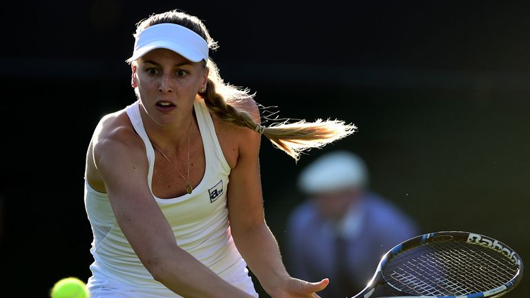 Naomi Broady in action against Mariana Duque-Marino in the First round women's singles on day one of the Wimbledon Championships