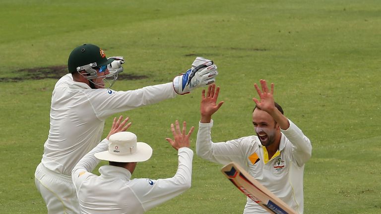 Nathan Lyon of Australia celebrates after taking the wicket of Graeme Swann at Perth in December 2013