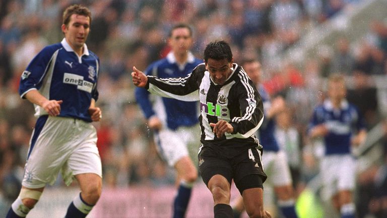 29 Mar 2002:  Nolberto Solano of Newcastle scores the fifth goal during the Newcastle United v Everton Barclaycard Premiership match at St James's Park