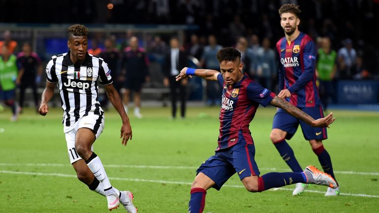 Neymar of Barcelona scores his team's third goal during the UEFA Champions League Final between Juventus and FC Barcelona