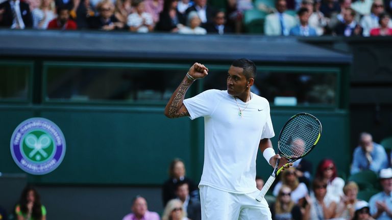 LONDON, ENGLAND - JULY 01:  Nick Kyrgios of Australia celebrates during his Gentlemen's Singles fourth round match against Rafael Nadal of Spain on day eig