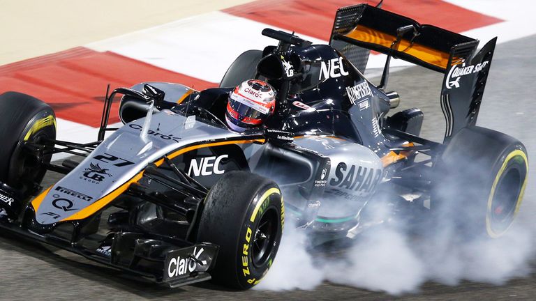 Hulkenberg locks the brakes of his Force India car during the Bahrain GP