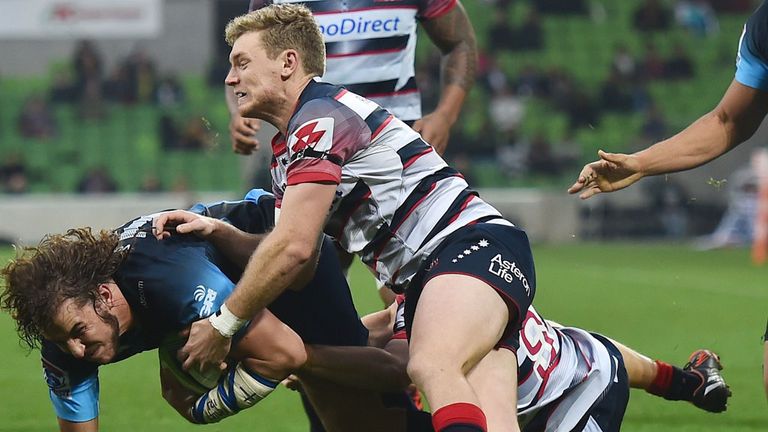 Megial Burger Odendaal goes over for the Bulls who end up losing 21-20 to the Rebels in Melbourne on Saturday