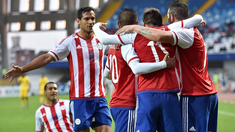 Paraguay celebrate their goal against Jamaica in their Copa America Group B clash