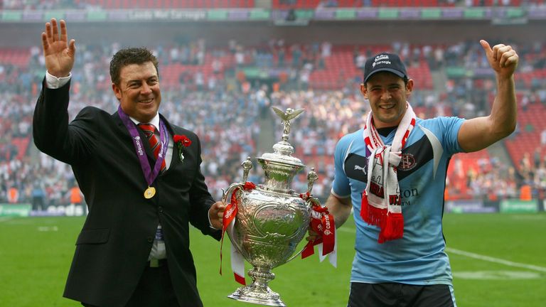St Helens coach Daniel Anderson and Paul Wellens celebrates after winning the Carnegie Challenge Cup Final between in 2008