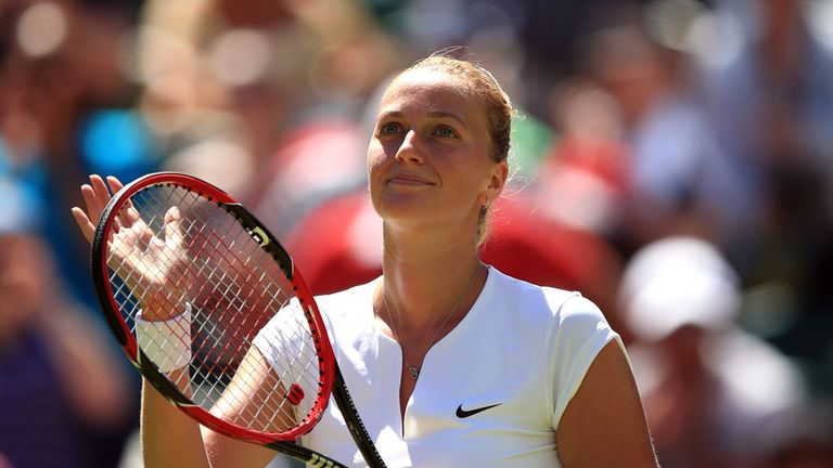 Petra Kvitova celebrates victory over Kiki Bertens during day two of the Wimbledon Championships at the All England Lawn Tennis and Croquet Club, Wimbledon
