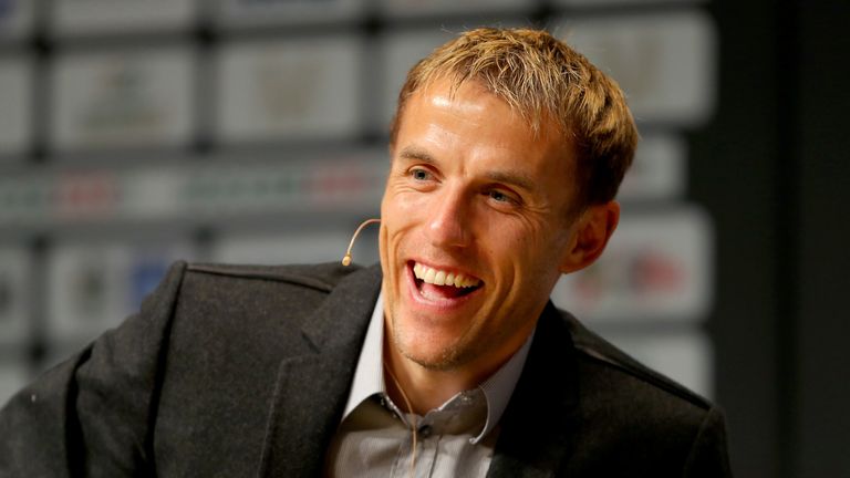 Former Manchester United footballer Phil Neville takes part in a discussion about Manchester United's Class of '92