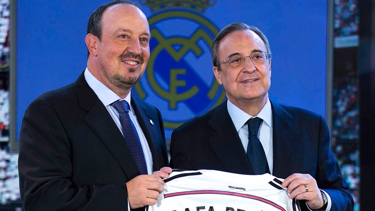 New Real Madrid head coach Rafael Benitez poses for a picture with president Florentino Perez 